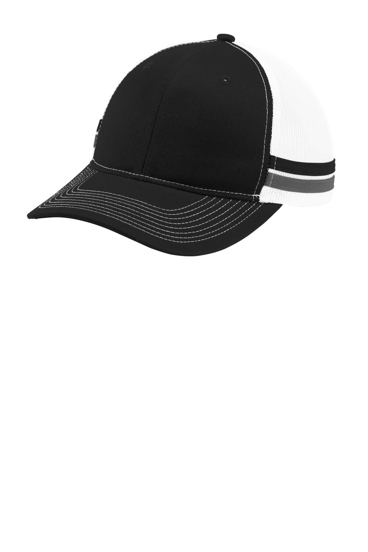 Port Authority Two-Stripe Snapback Trucker Cap. C113 - Black/ Grey Steel/ White - front