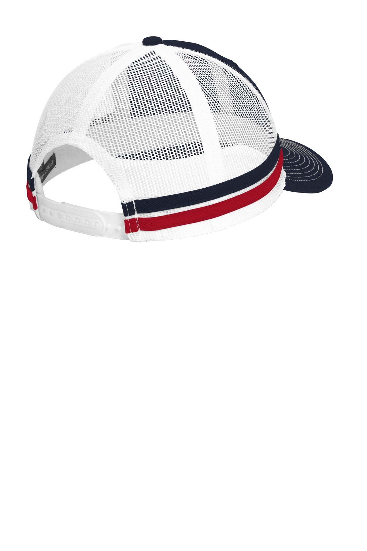 Port Authority Two-Stripe Snapback Trucker Cap. C113 - Rich Navy/ Flame Red/ White - back