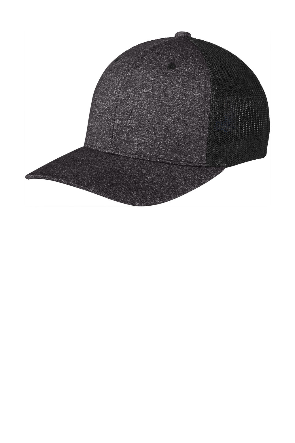 Port Authority Flexfit Melange Mesh Back Trucker Cap C302 - Black/ Dark Charcoal Heather - front