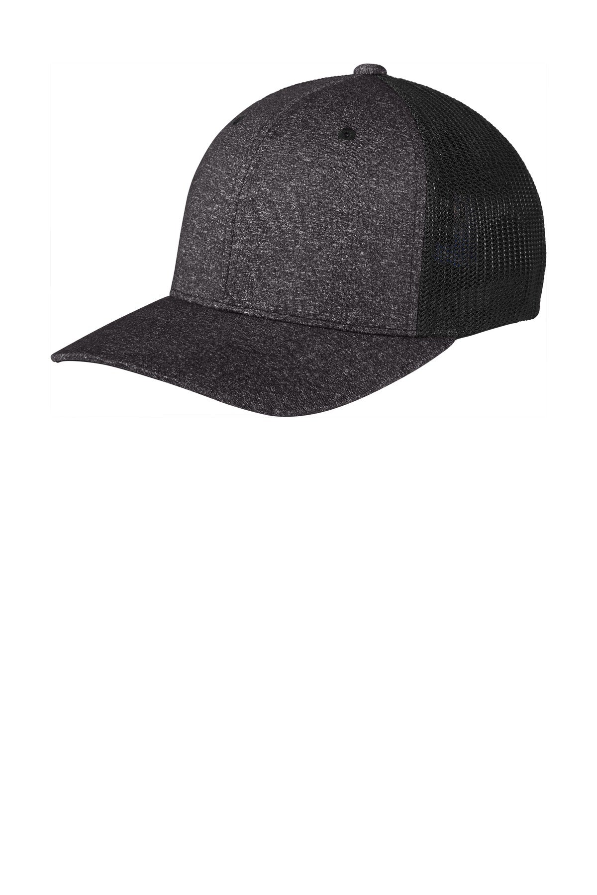 Port Authority Flexfit Melange Mesh Back Trucker Cap C302 - Black/ Dark Charcoal Heather - front
