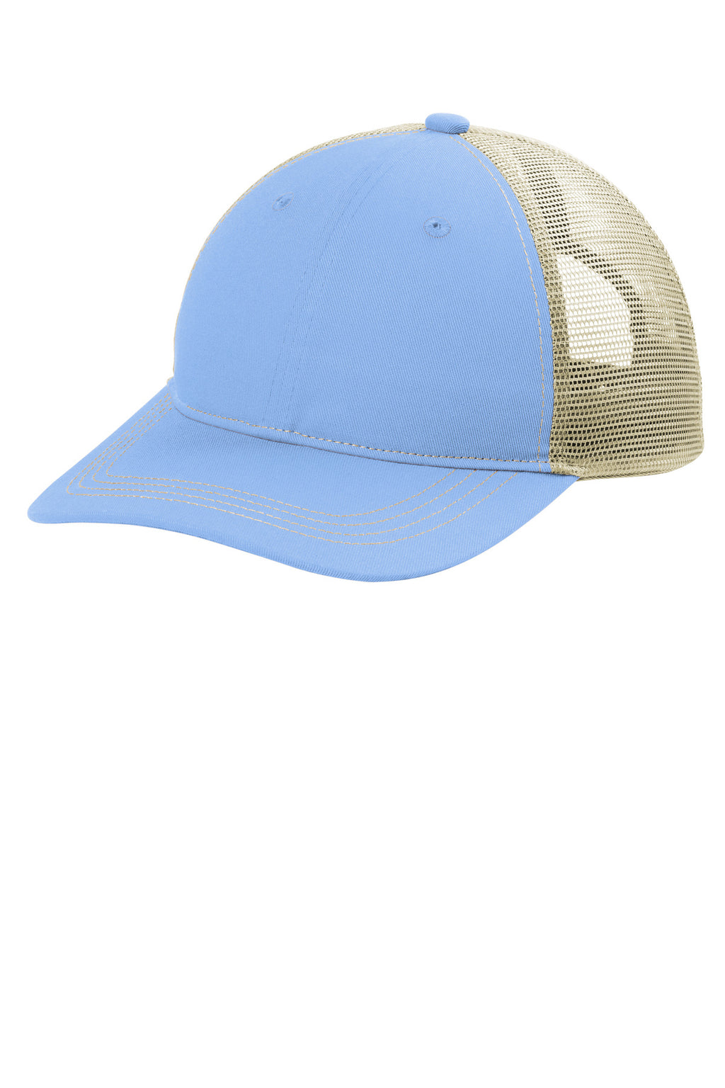 Port Authority Unstructured Snapback Trucker Cap C409 - Carolina Blue/ Tan - front