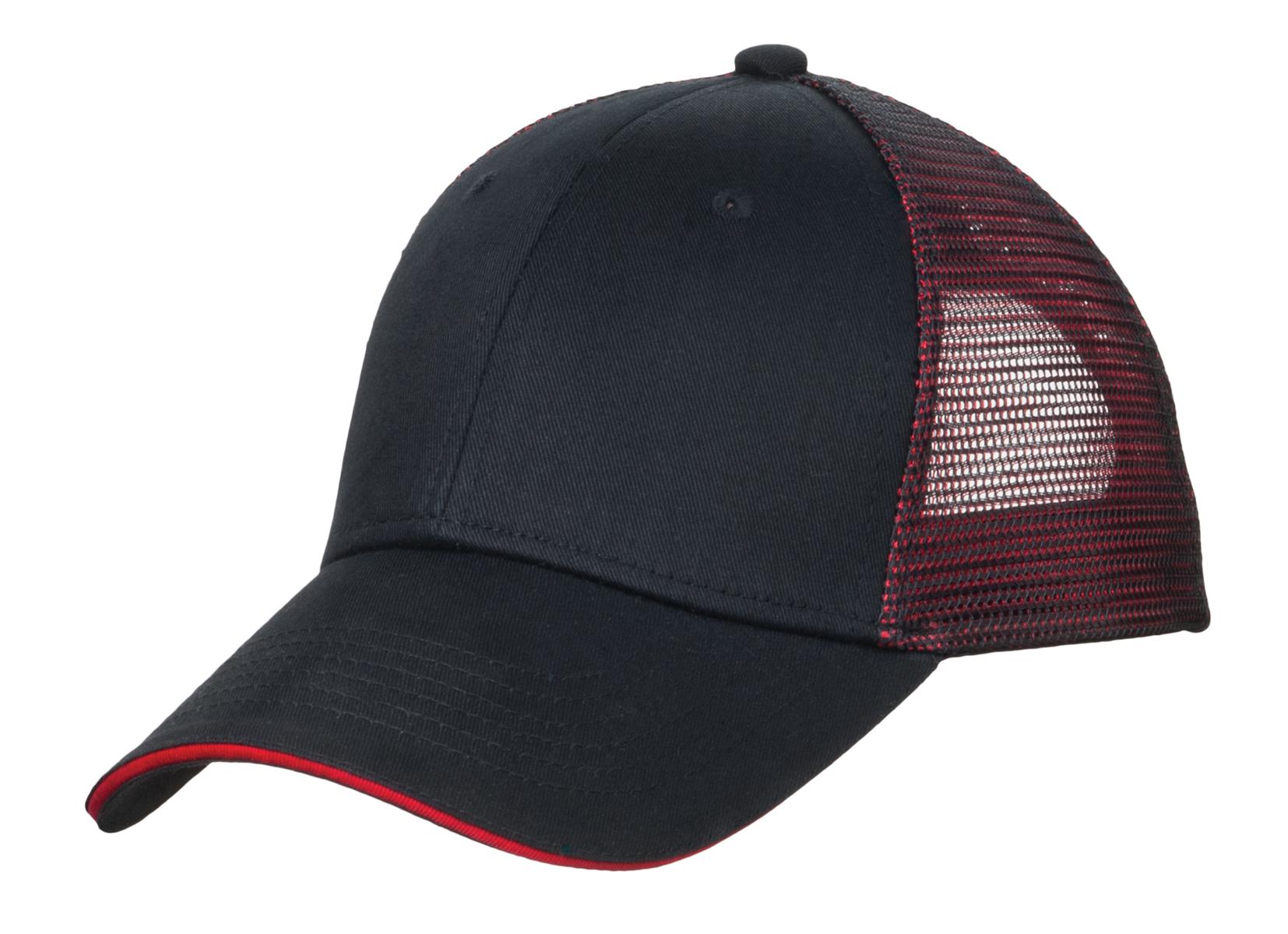 Port Authority Double Mesh Snapback Sandwich Bill Cap. C818 - Black/ Red - front