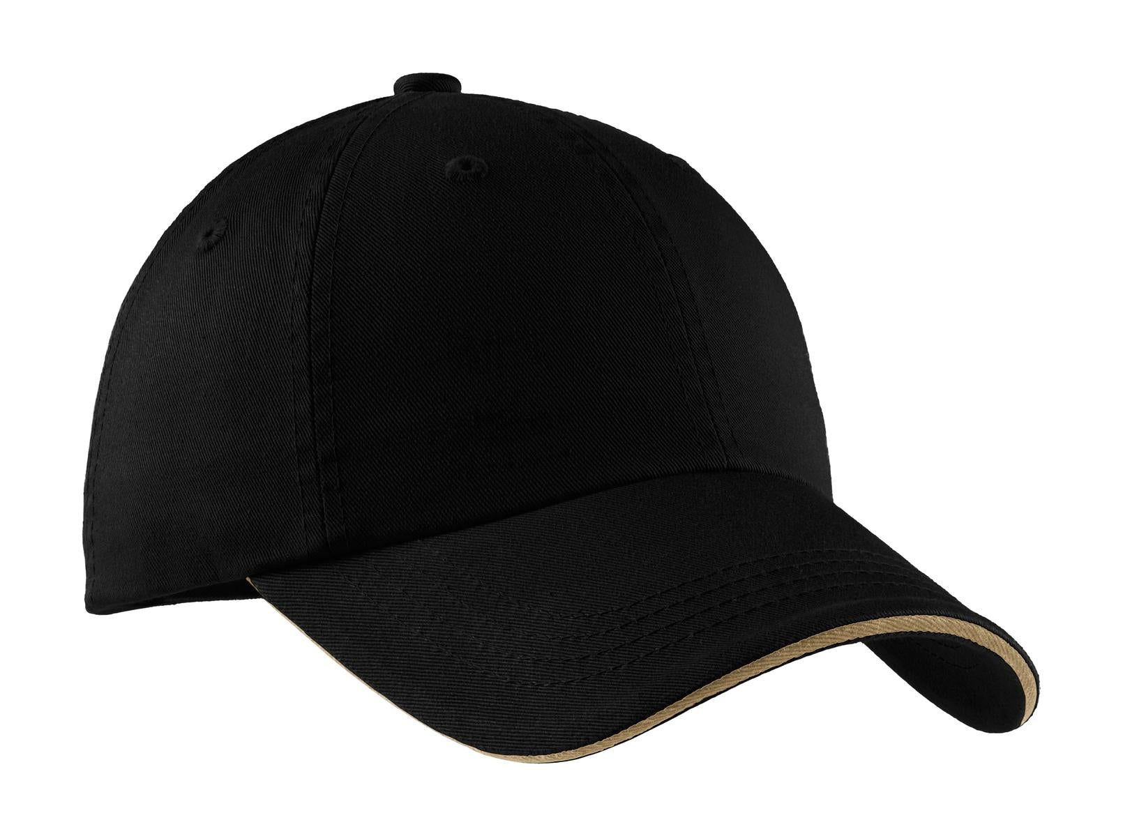 Port Authority Sandwich Bill Cap with Striped Closure. C830 - Black/ Khaki - front