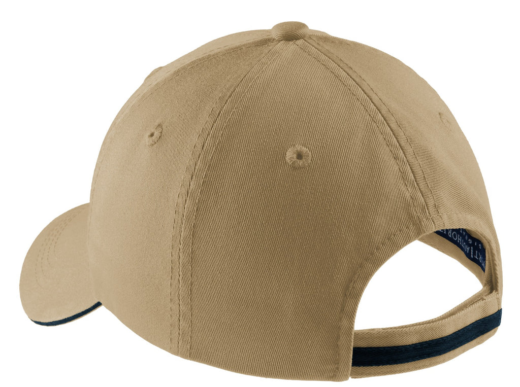 Port Authority Sandwich Bill Cap with Striped Closure. C830 - Khaki/ Charcoal Blue - back