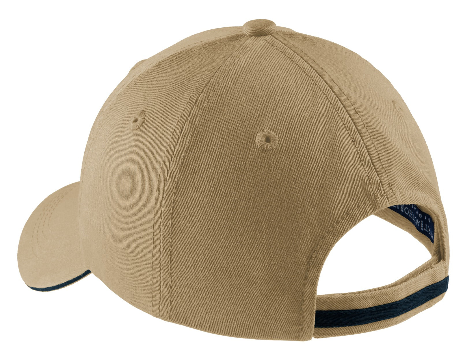 Port Authority Sandwich Bill Cap with Striped Closure. C830 - Khaki/ Charcoal Blue - back