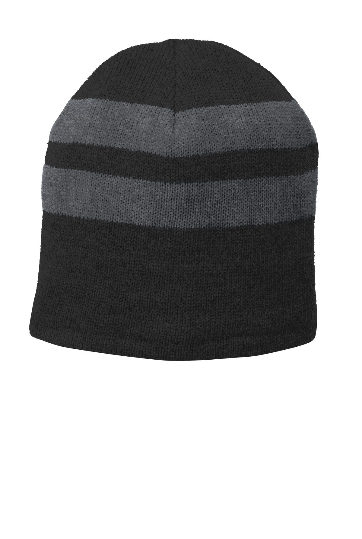 DISCONTINUED Port Authority Fleece-Lined Striped Beanie Cap. C922 - Black/ Athletic Oxford - front