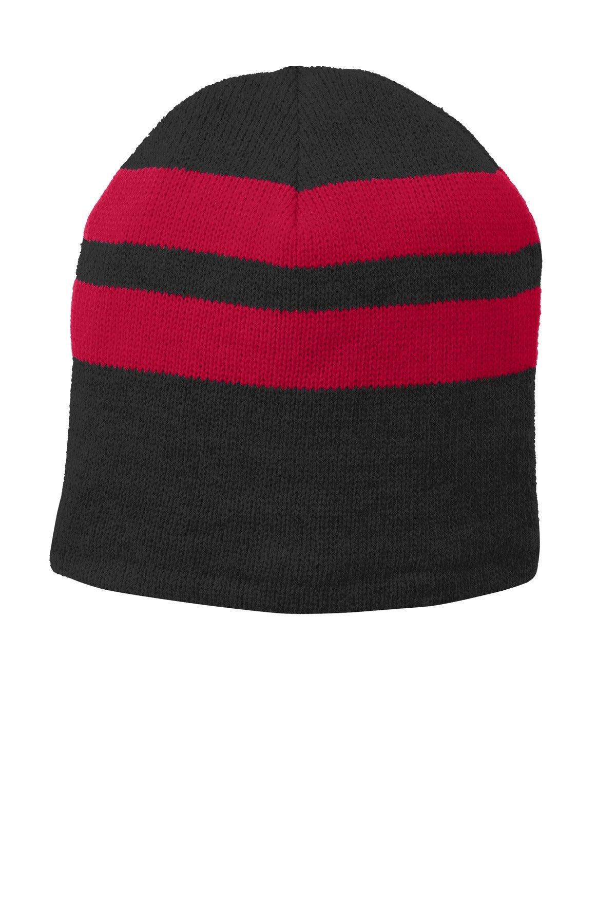 DISCONTINUED Port Authority Fleece-Lined Striped Beanie Cap. C922 - Black/ Athletic Red - front