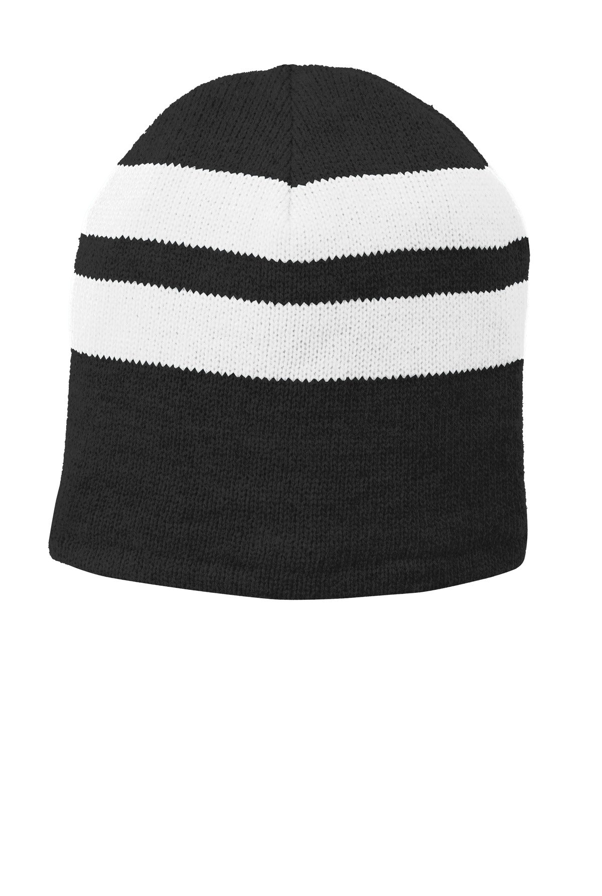DISCONTINUED Port Authority Fleece-Lined Striped Beanie Cap. C922 - Black/ White - front