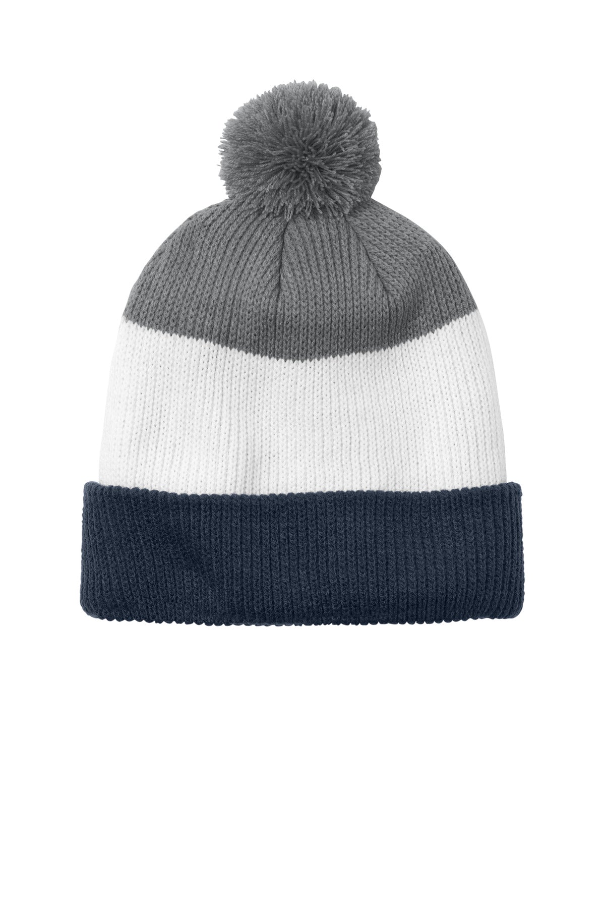 Port Authority Cozy Striped Pom Beanie C979 - River Blue Navy/ Marshmallow/ Gusty Grey - front