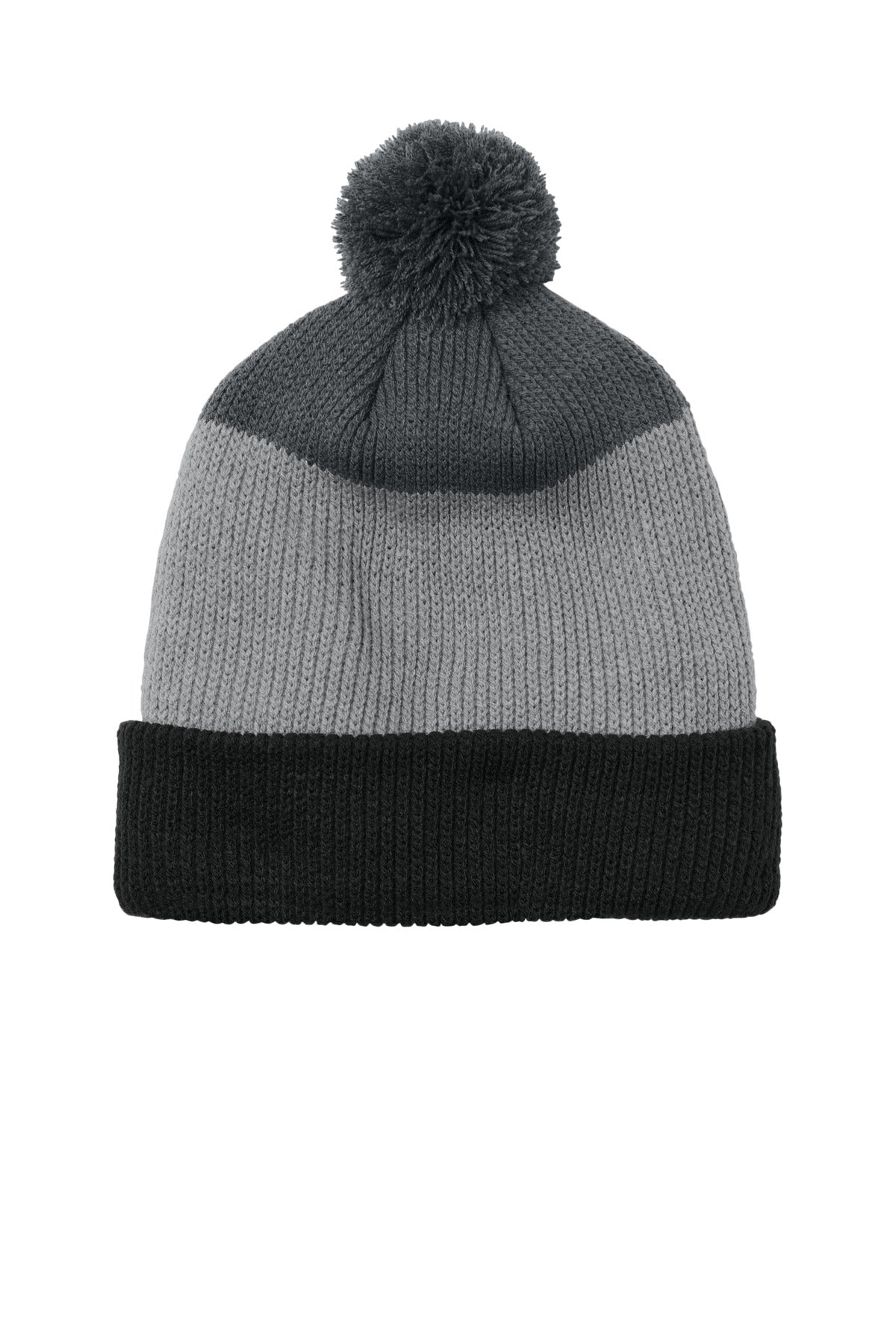 Port Authority Cozy Striped Pom Beanie C979 - Deep Black/ Gusty Grey/ Storm Grey - front