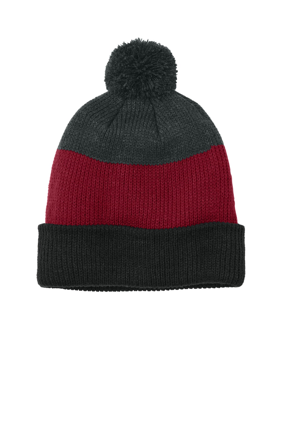 Port Authority Cozy Striped Pom Beanie C979 - Deep Black/ Rich Red/ Charcoal Heather - front