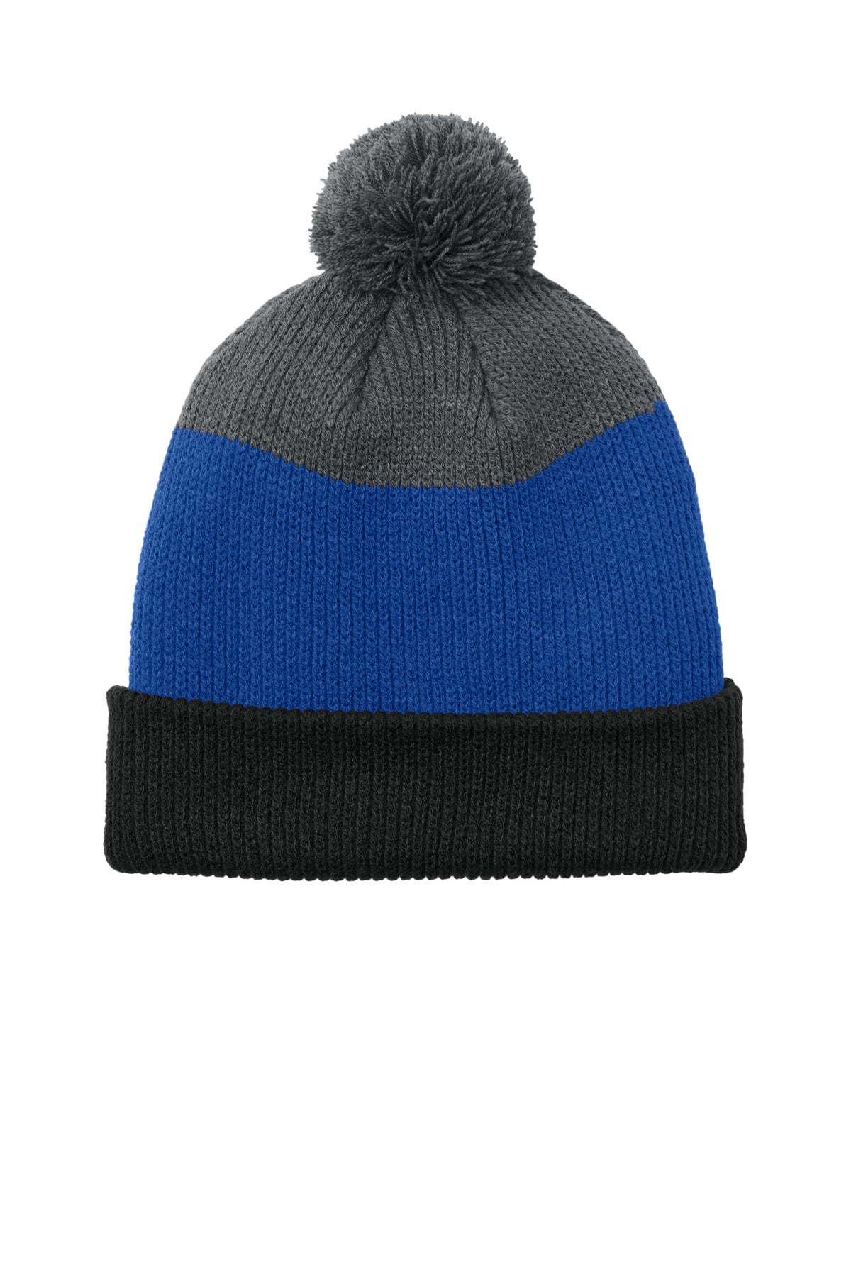 Port Authority Cozy Striped Pom Beanie C979 - Deep Black/ True Royal/ Storm Grey - front