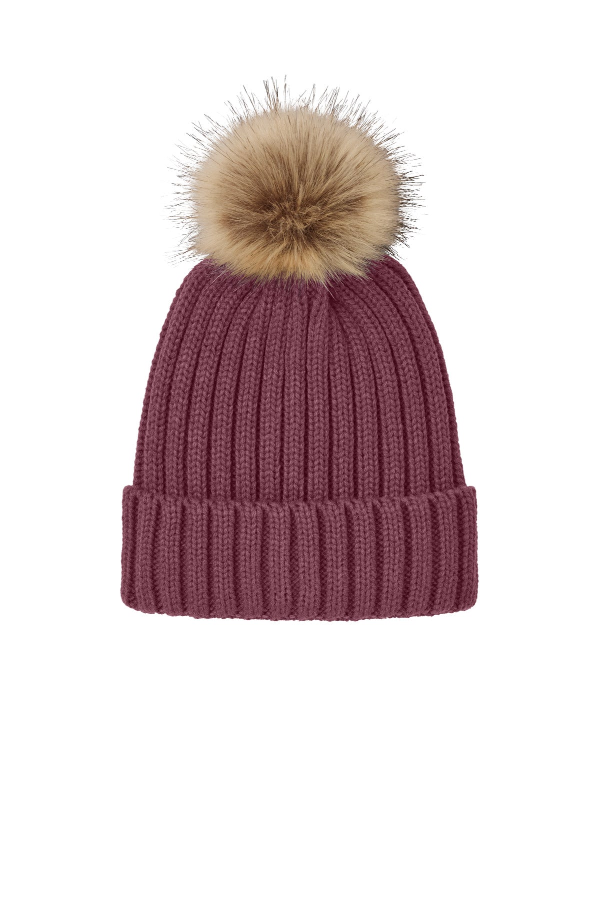 Port Authority Faux Fur Pom Beanie C990 - Rosewood - front