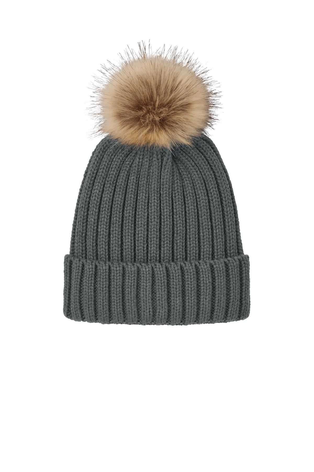 Port Authority Faux Fur Pom Beanie C990 - Storm Grey - front