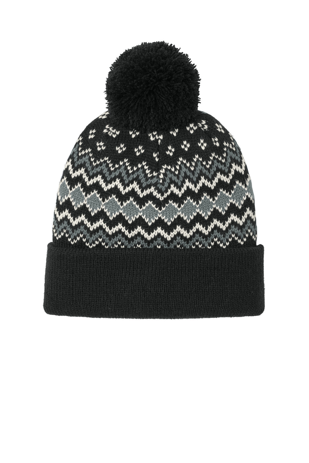 Port Authority Alpine Pom Beanie C991 - Deep Black/ Gusty Grey/ Marshmallow - front