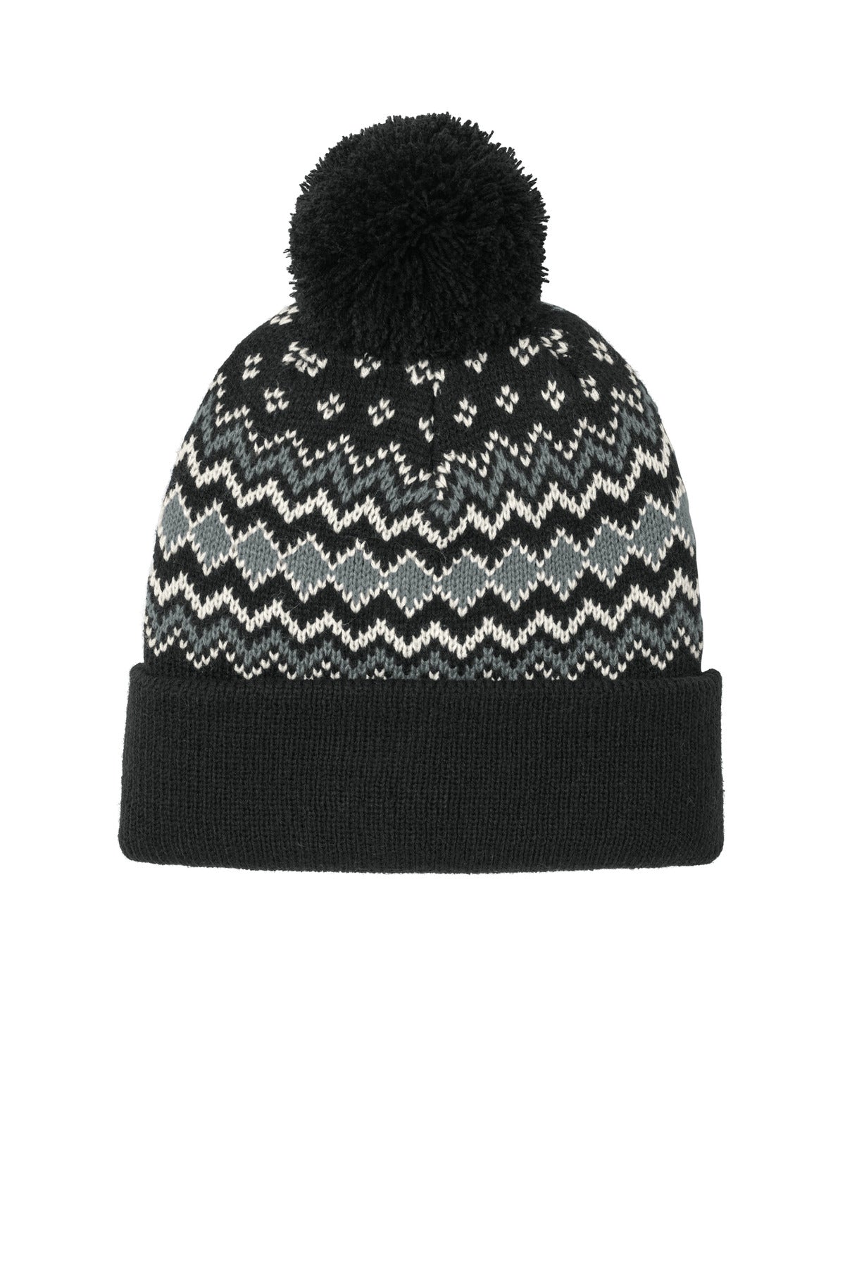 Port Authority Alpine Pom Beanie C991 - Deep Black/ Gusty Grey/ Marshmallow - front