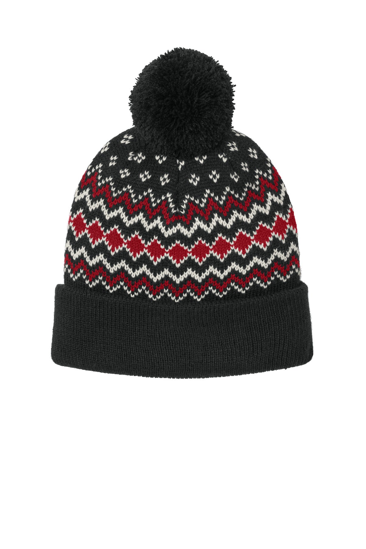 Port Authority Alpine Pom Beanie C991 - Deep Black/ Rich Red/ Marshmallow - front