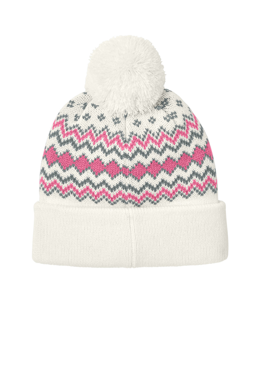 Port Authority Alpine Pom Beanie C991 - Marshmallow/ Awareness Pink/ Gusty Grey - back