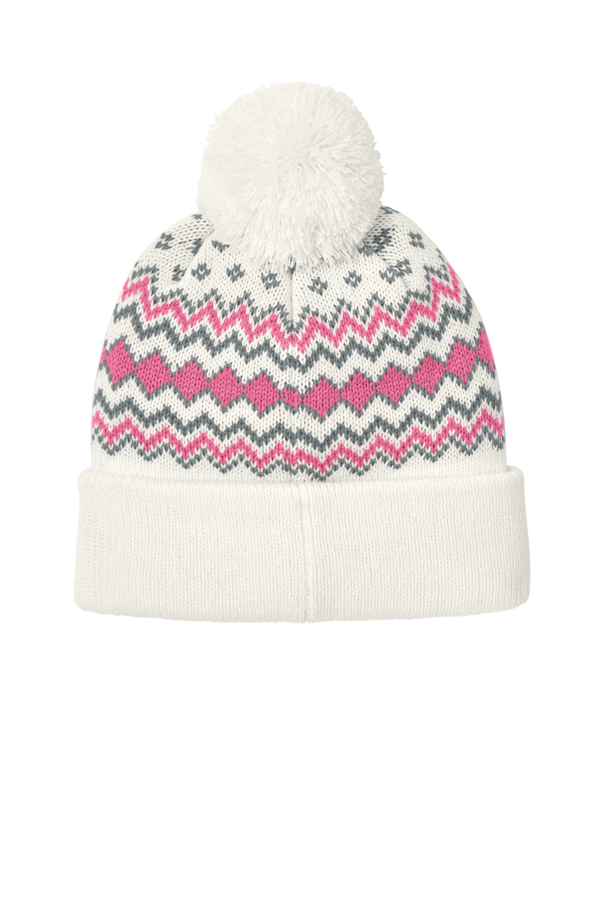 Port Authority Alpine Pom Beanie C991 - Marshmallow/ Awareness Pink/ Gusty Grey - back