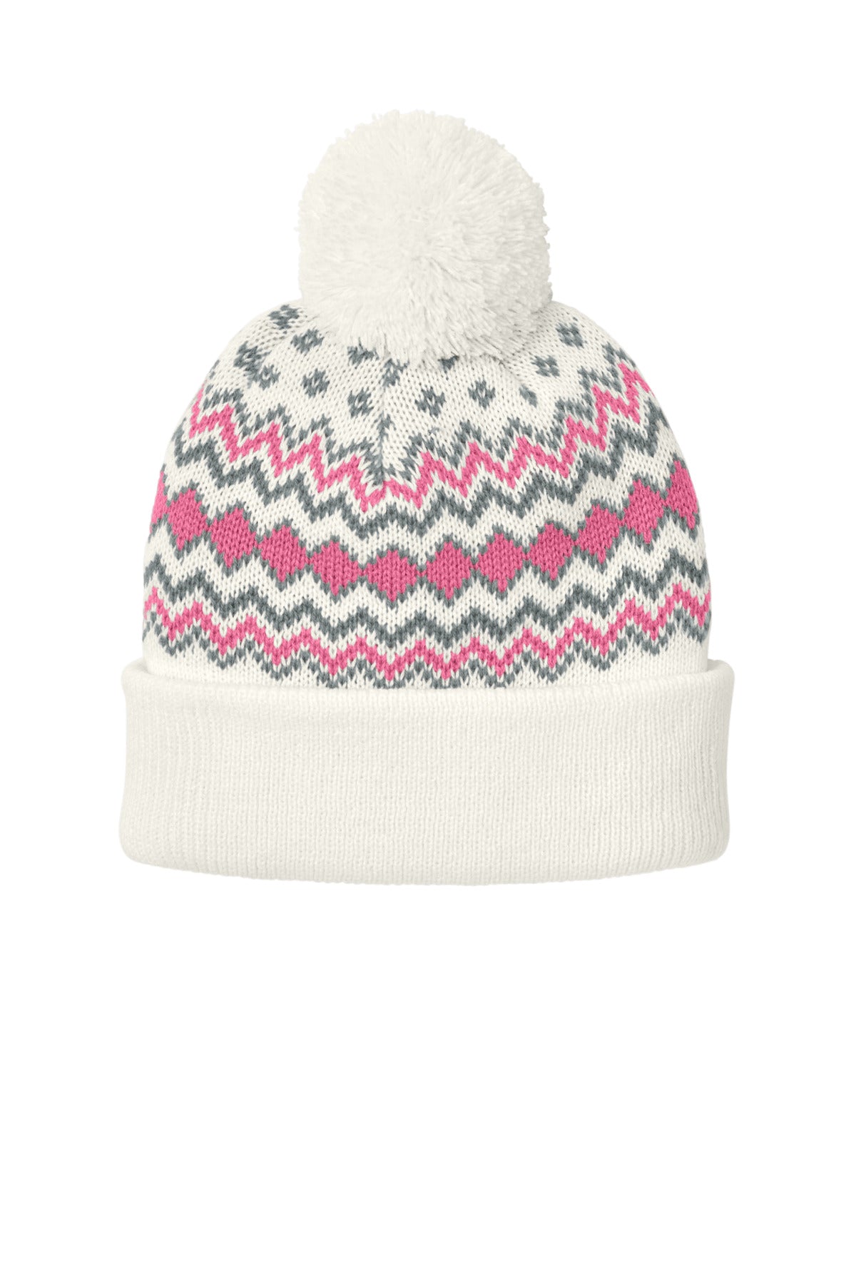 Port Authority Alpine Pom Beanie C991 - Marshmallow/ Awareness Pink/ Gusty Grey - front