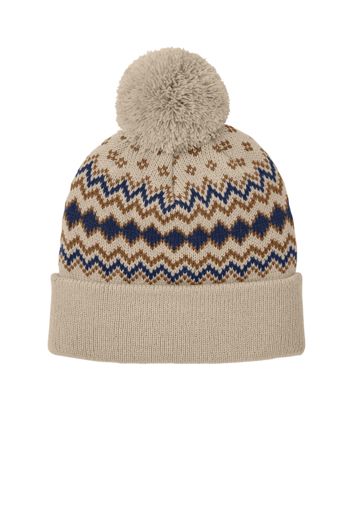 Port Authority Alpine Pom Beanie C991 - Sahara/ True Navy/ Duck Brown - front