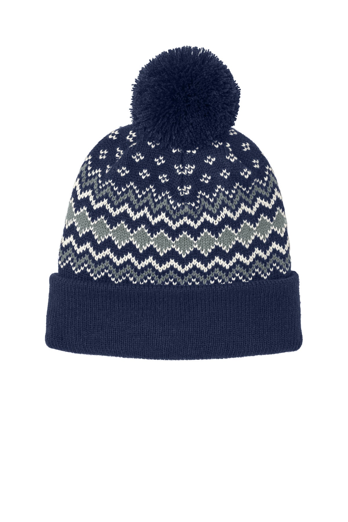 Port Authority Alpine Pom Beanie C991 - True Navy/ Gusty Grey/ Marshmallow - front