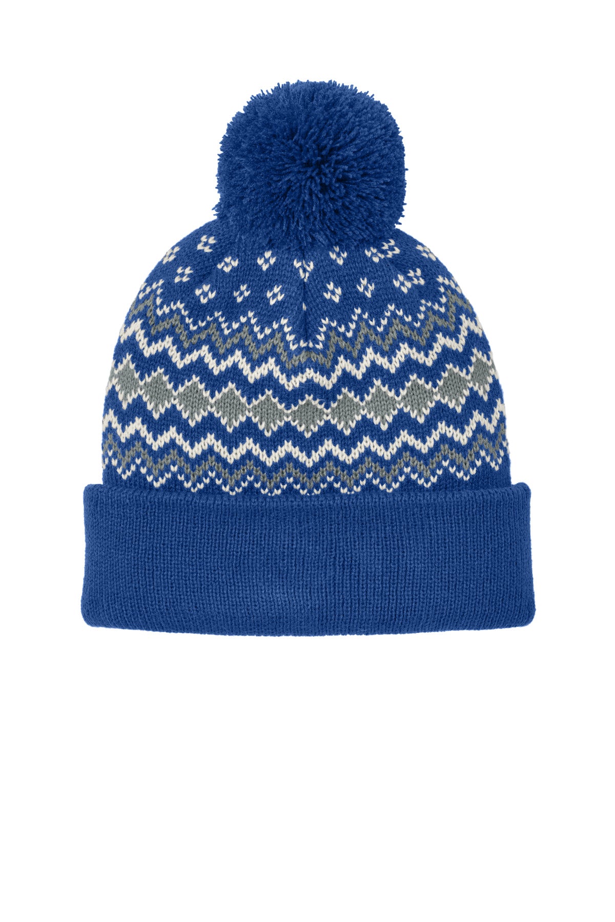 Port Authority Alpine Pom Beanie C991 - True Royal/ Gusty Grey/ Marshmallow - front
