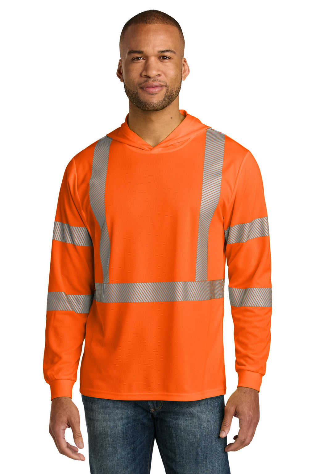 CornerStone ANSI 107 Class 3 Long Sleeve Segmented Tape Hooded Tee CS208 - Safety Orange - front