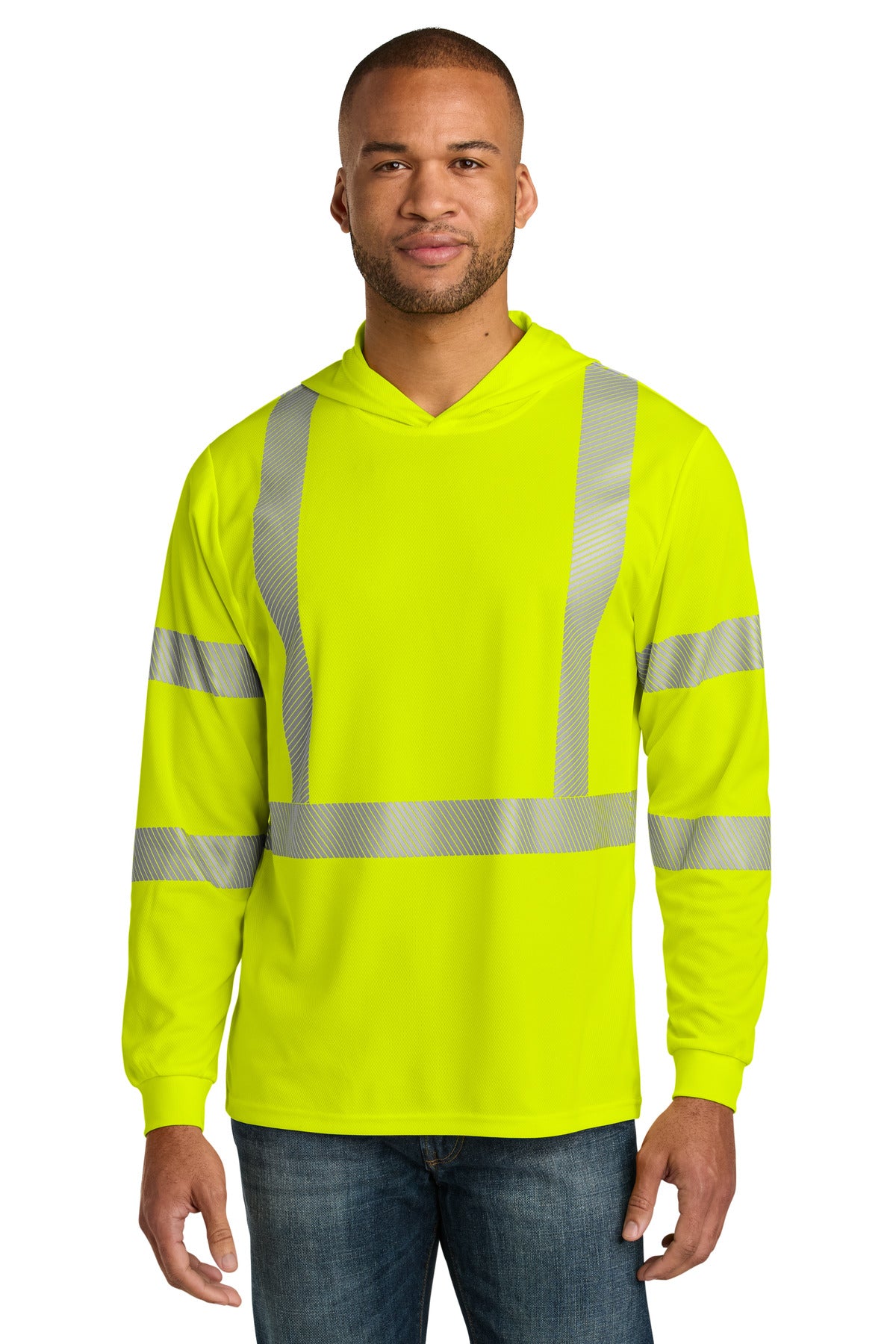 CornerStone ANSI 107 Class 3 Long Sleeve Segmented Tape Hooded Tee CS208 - Safety Yellow - front