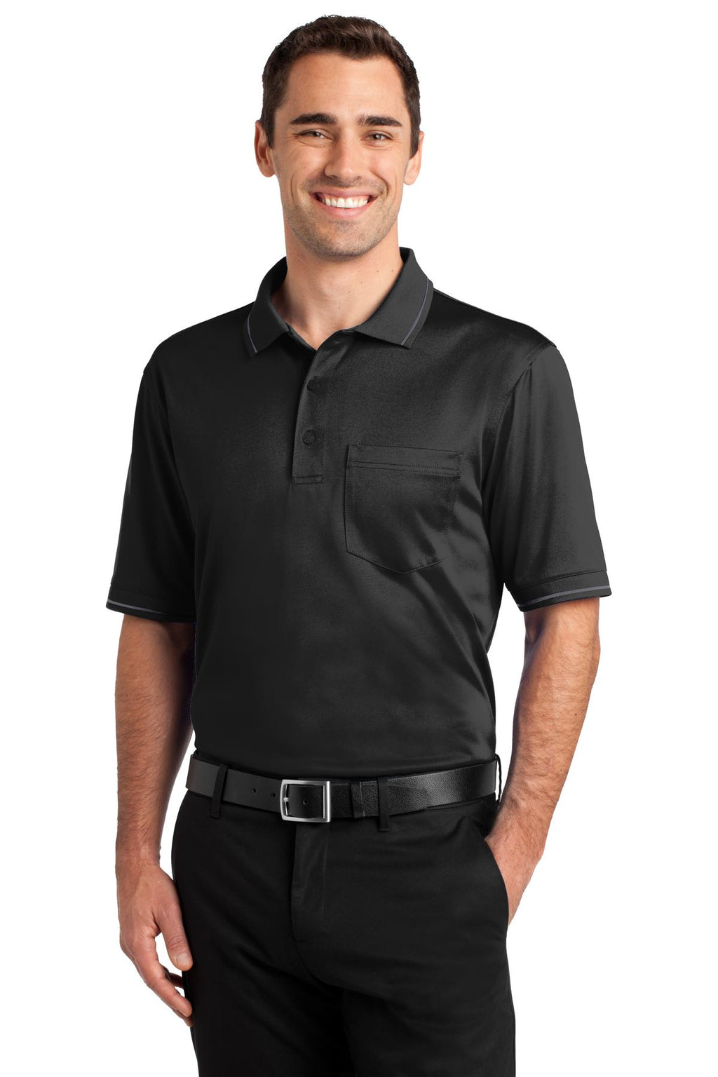 DISCONTINUED CornerStone Select Snag-Proof Tipped Pocket Polo. CS415 - Black/ Smoke Grey - front