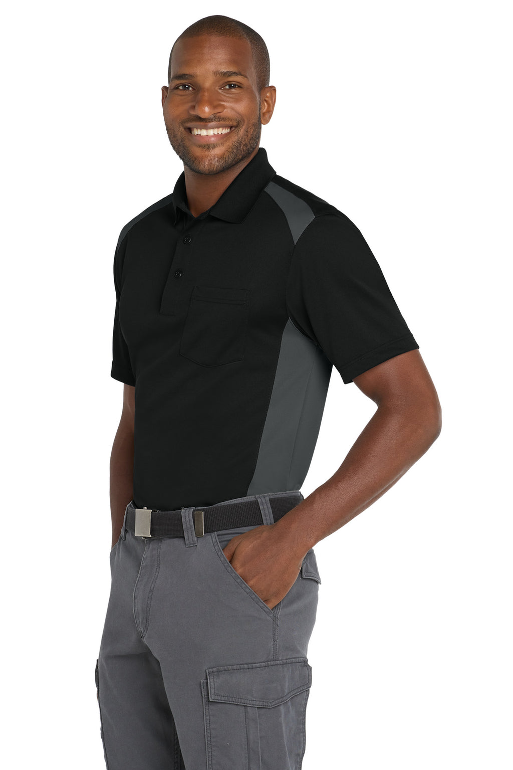 CornerStone Select Snag-Proof Two Way Colorblock Pocket Polo. CS416 - Black/ Charcoal - side