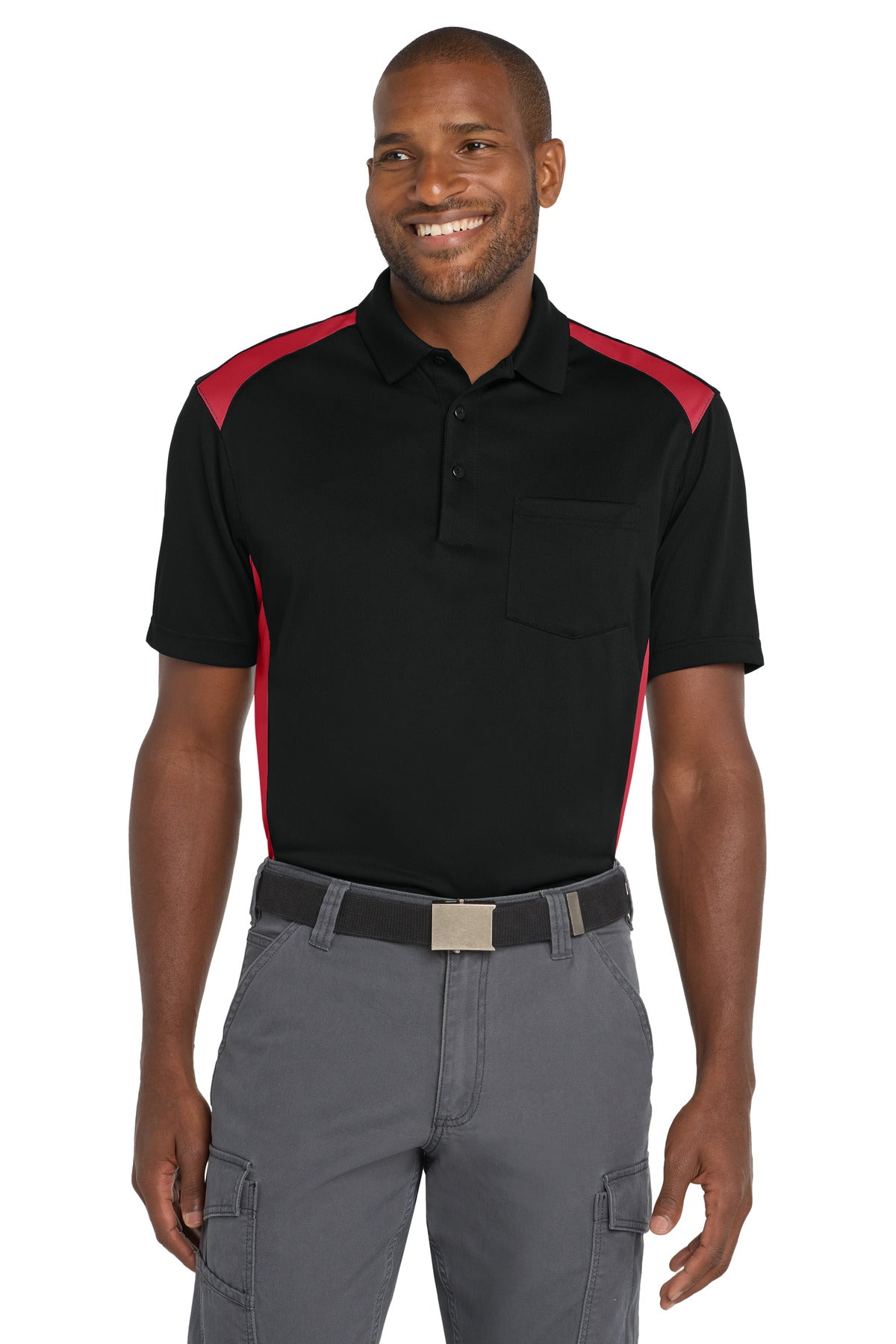 CornerStone Select Snag-Proof Two Way Colorblock Pocket Polo. CS416 - Black/ Red - front