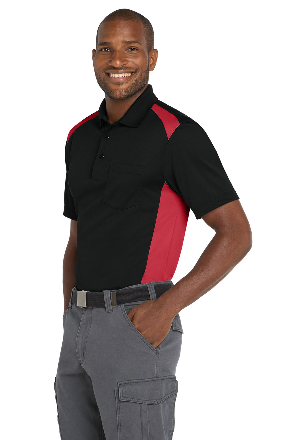 CornerStone Select Snag-Proof Two Way Colorblock Pocket Polo. CS416 - Black/ Red - side