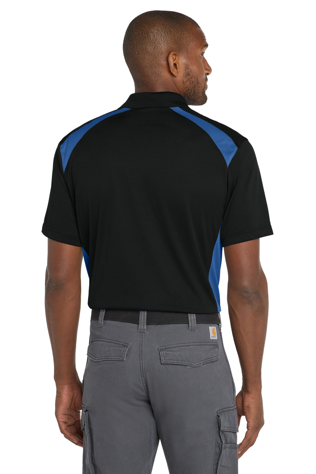 CornerStone Select Snag-Proof Two Way Colorblock Pocket Polo. CS416 - Black/ Royal - back