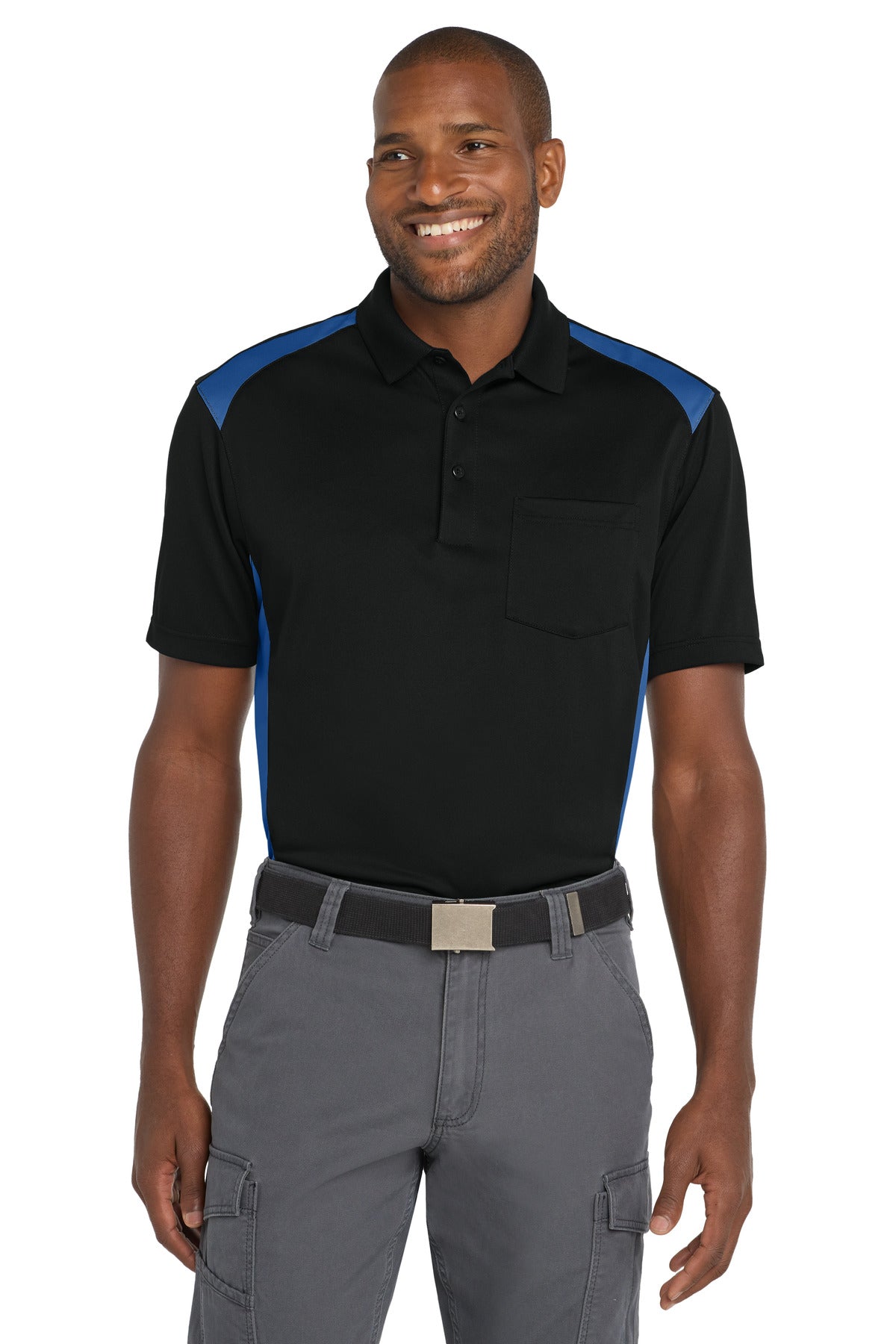CornerStone Select Snag-Proof Two Way Colorblock Pocket Polo. CS416 - Black/ Royal - front