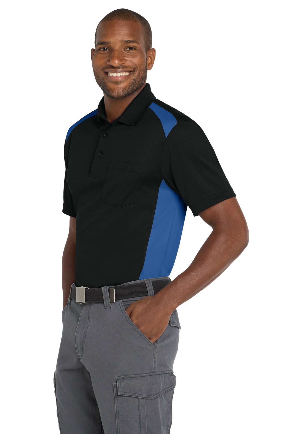 CornerStone Select Snag-Proof Two Way Colorblock Pocket Polo. CS416 - Black/ Royal - side