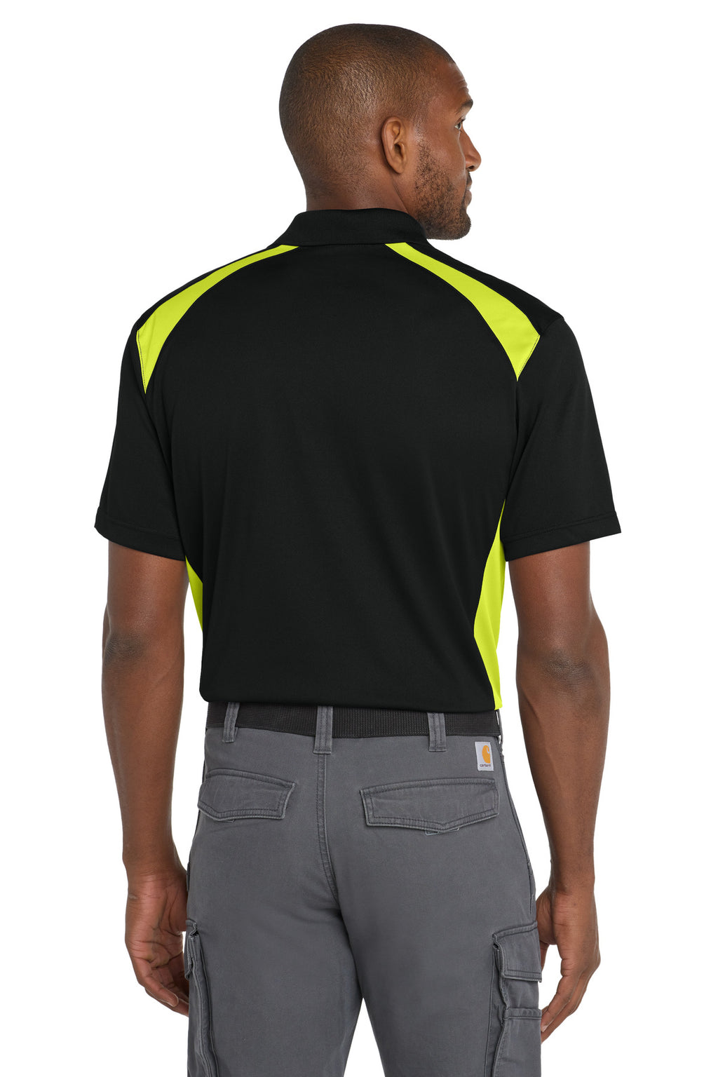 CornerStone Select Snag-Proof Two Way Colorblock Pocket Polo. CS416 - Black/ Shock Green - back