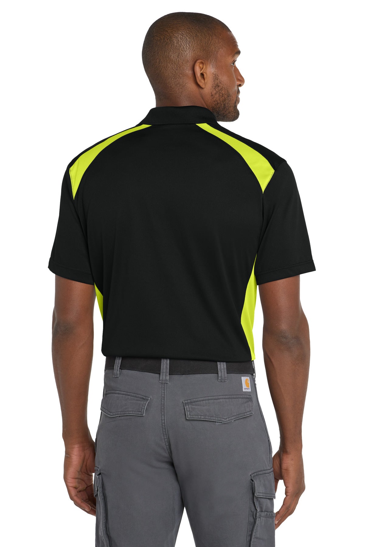 CornerStone Select Snag-Proof Two Way Colorblock Pocket Polo. CS416 - Black/ Shock Green - back