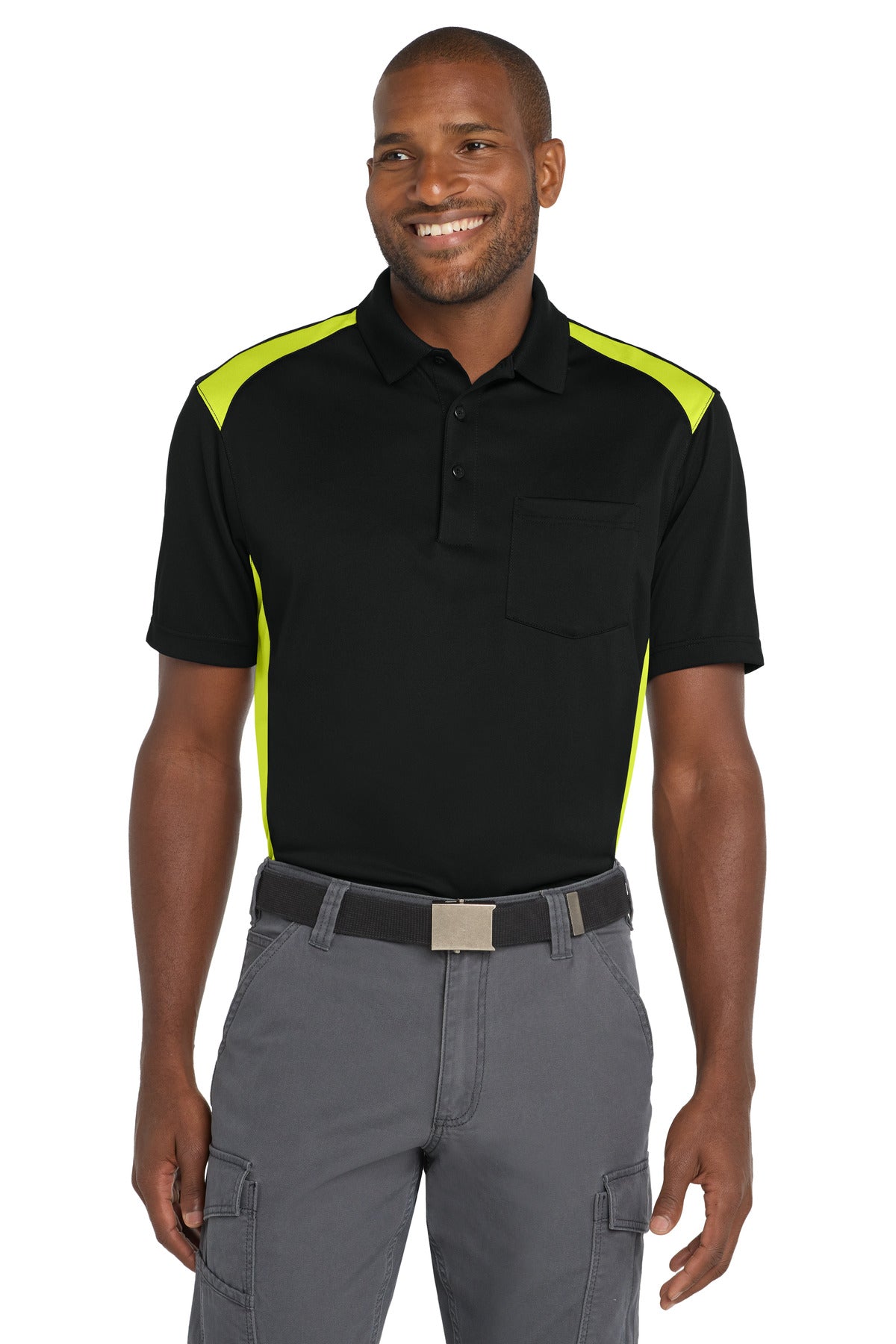 CornerStone Select Snag-Proof Two Way Colorblock Pocket Polo. CS416 - Black/ Shock Green - front