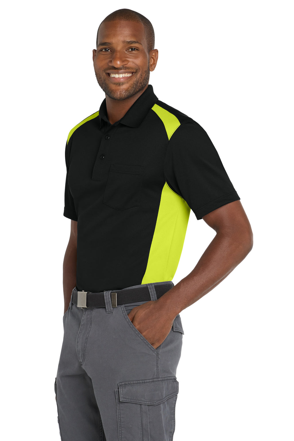 CornerStone Select Snag-Proof Two Way Colorblock Pocket Polo. CS416 - Black/ Shock Green - side
