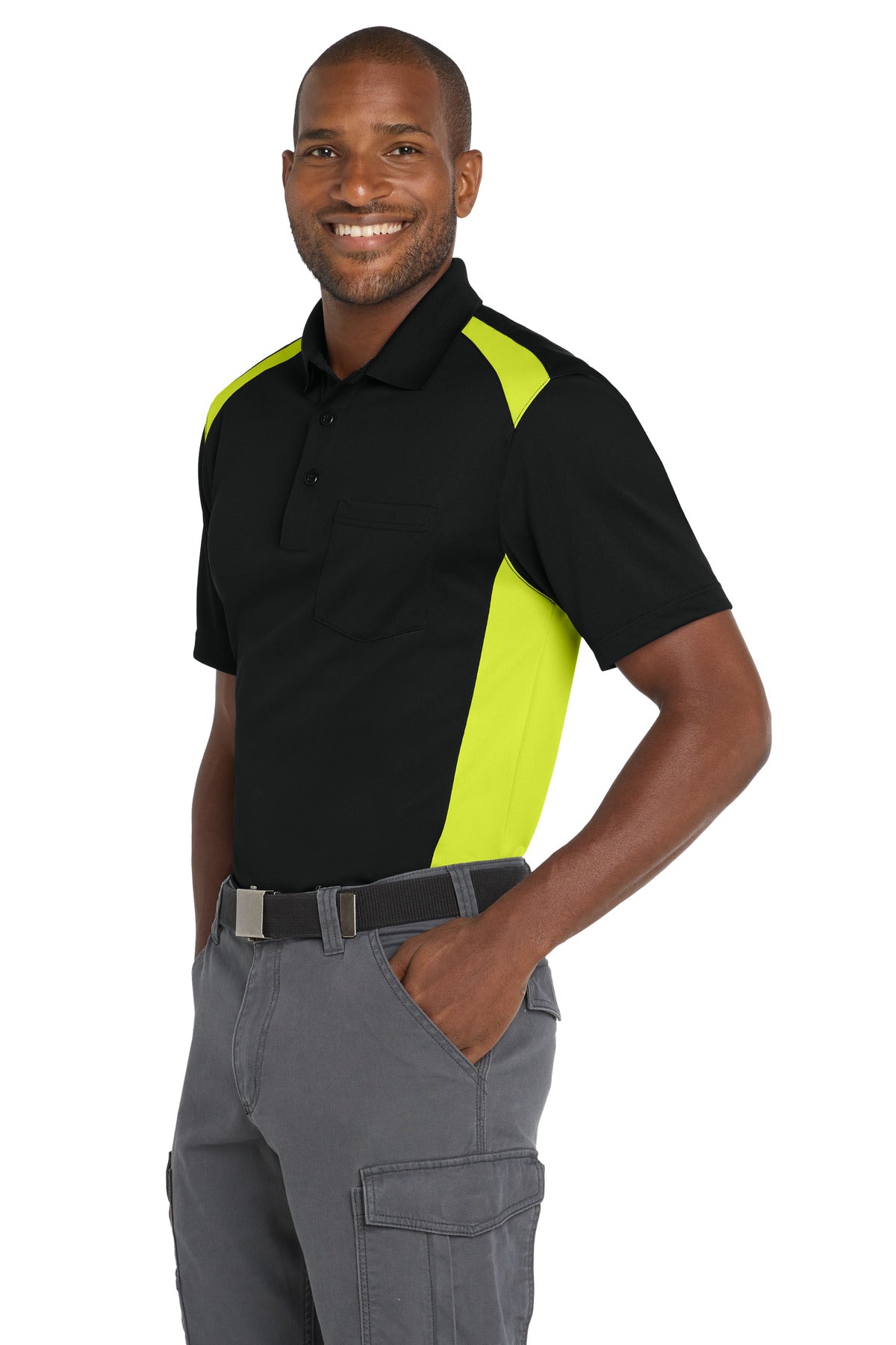 CornerStone Select Snag-Proof Two Way Colorblock Pocket Polo. CS416 - Black/ Shock Green - side