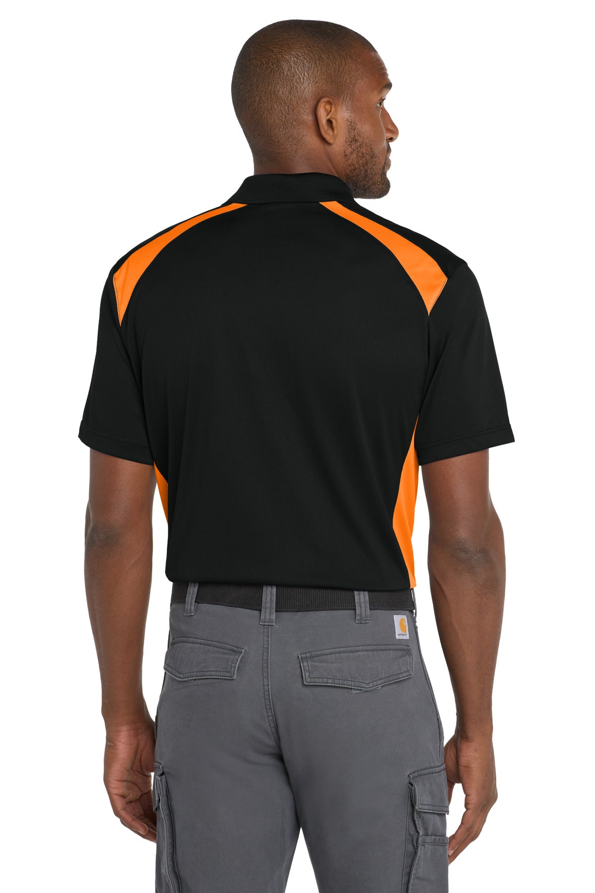 CornerStone Select Snag-Proof Two Way Colorblock Pocket Polo. CS416 - Black/ Shock Orange - back