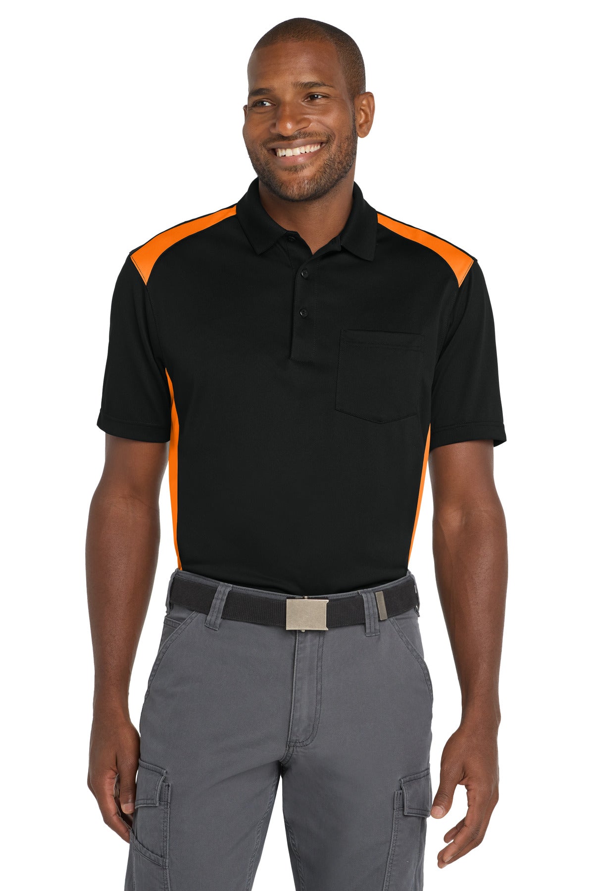 CornerStone Select Snag-Proof Two Way Colorblock Pocket Polo. CS416 - Black/ Shock Orange - front