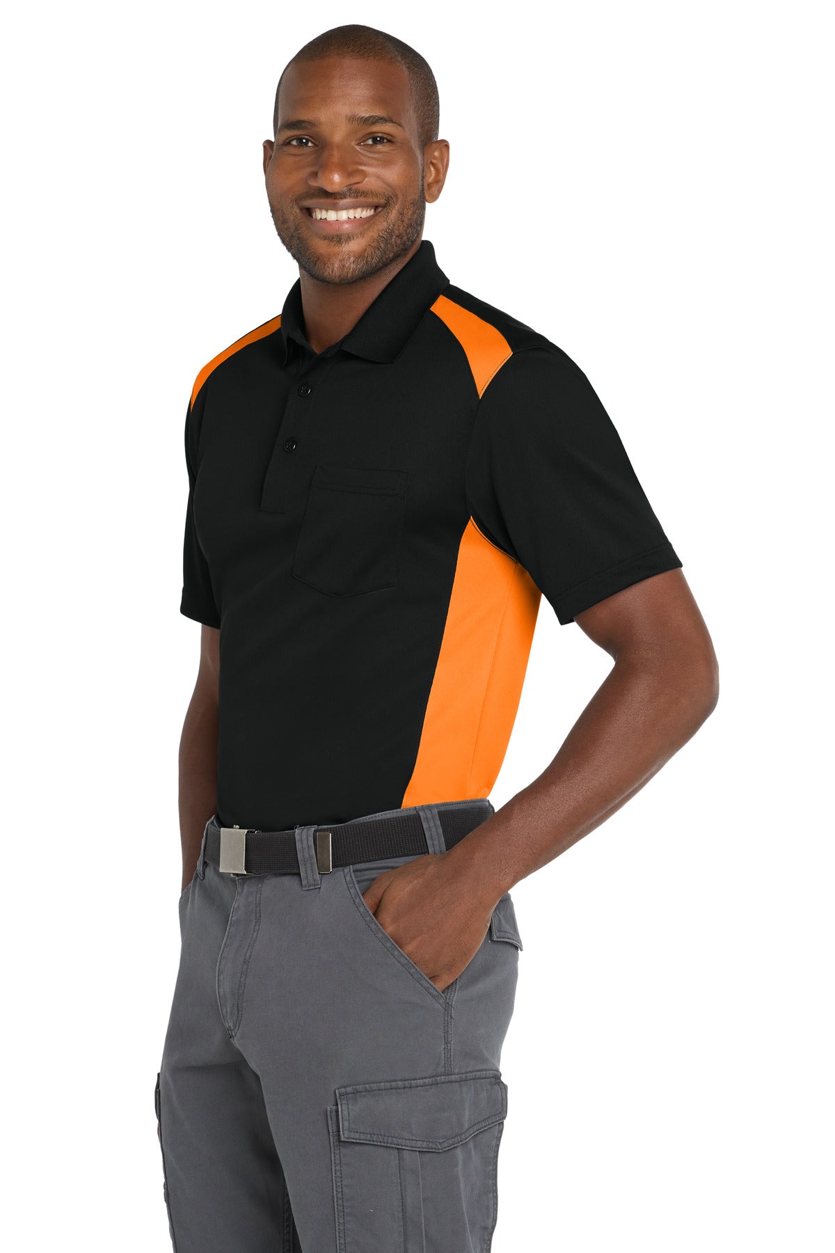 CornerStone Select Snag-Proof Two Way Colorblock Pocket Polo. CS416 - Black/ Shock Orange - side