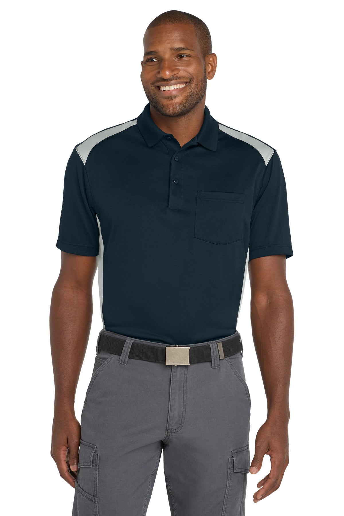 CornerStone Select Snag-Proof Two Way Colorblock Pocket Polo. CS416 - Dark Navy/ Light Grey - front