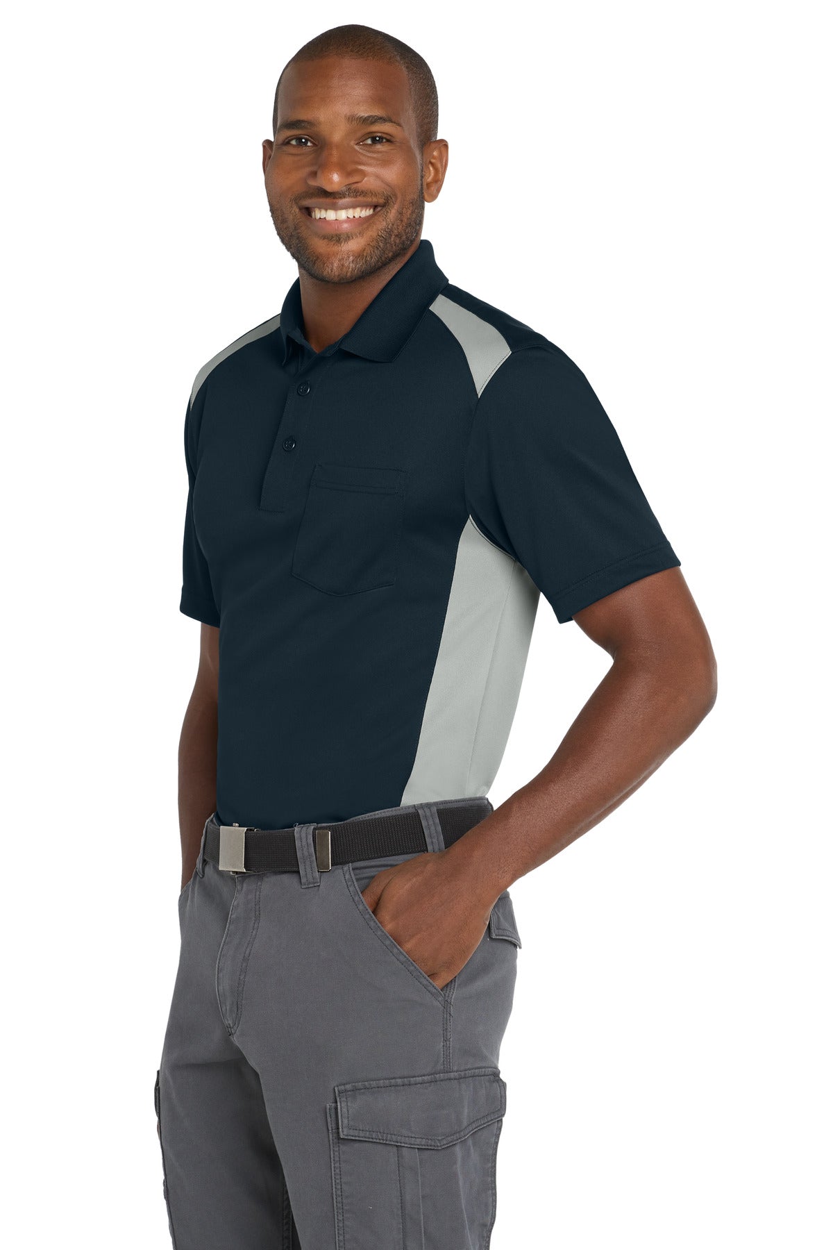 CornerStone Select Snag-Proof Two Way Colorblock Pocket Polo. CS416 - Dark Navy/ Light Grey - side