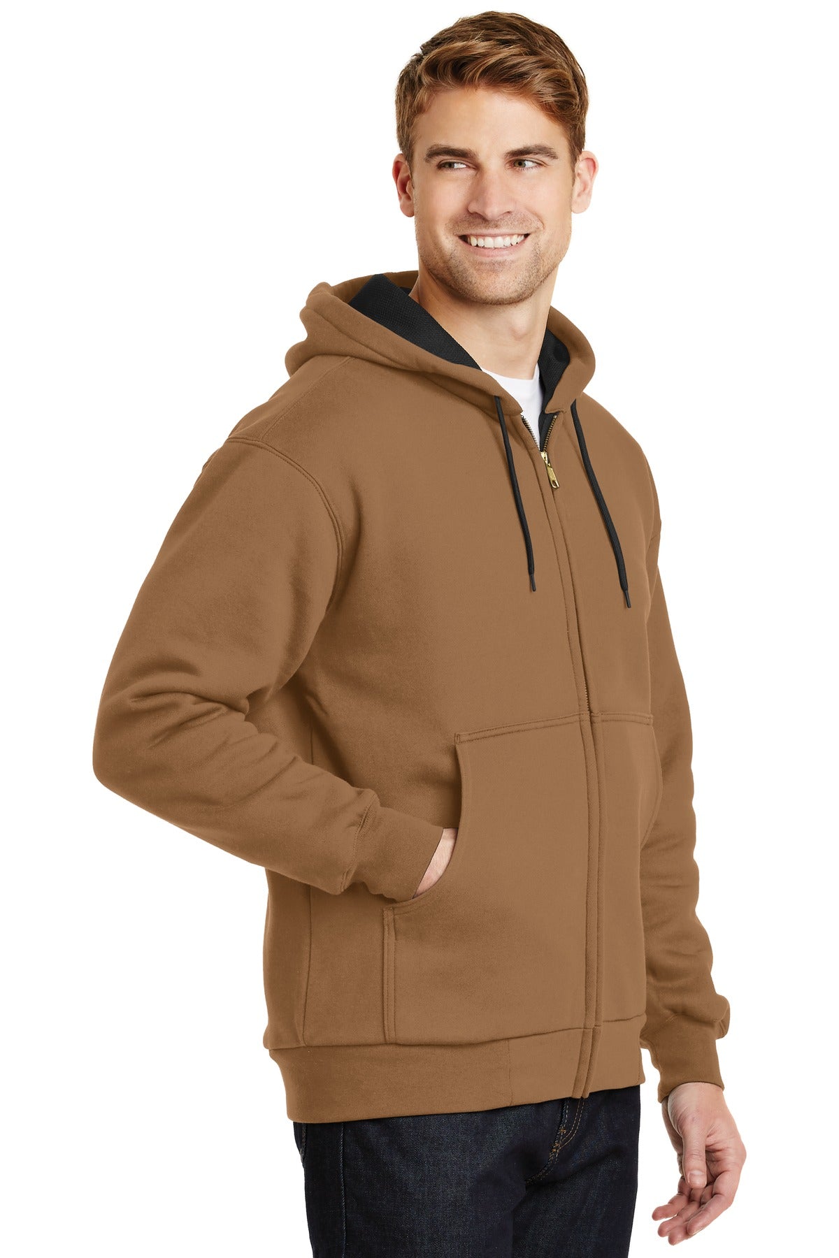CornerStone - Heavyweight Full-Zip Hooded Sweatshirt with Thermal Lining. CS620 - Duck Brown - three_q