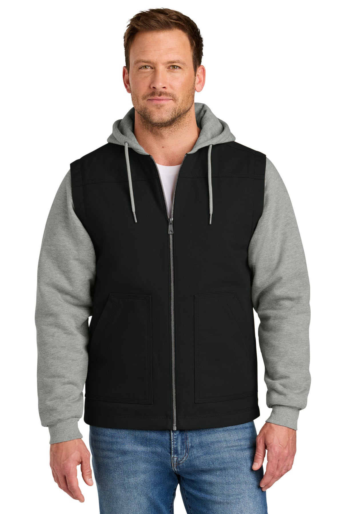 CornerStone Duck Fleece Full-Zip Hooded Jacket CSJ42 - Black/ Heather Grey - front