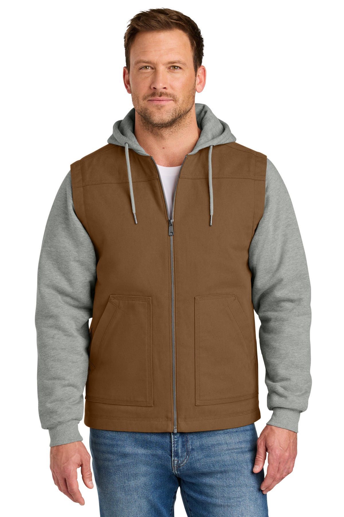 CornerStone Duck Fleece Full-Zip Hooded Jacket CSJ42 - Duck Brown/ Heather Grey - front