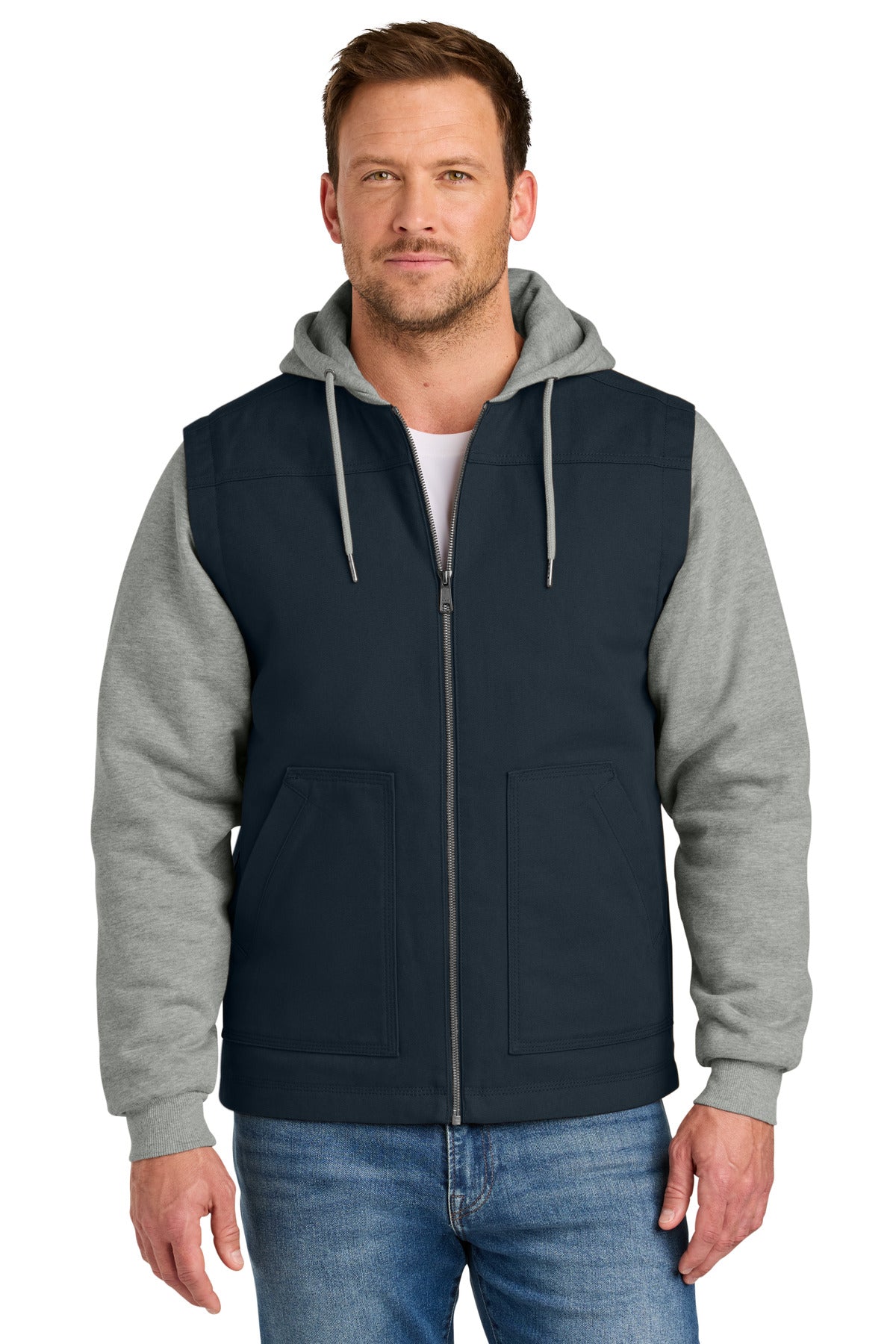CornerStone Duck Fleece Full-Zip Hooded Jacket CSJ42 - Navy/ Heather Grey - front